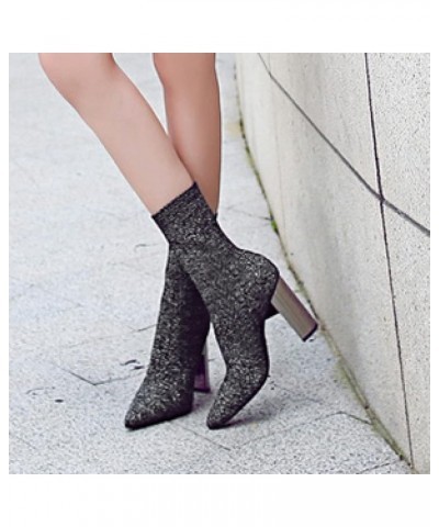 Woman Ankle Boot Arch Support Fashion Knitting Pointed Toe Comfort Anti Slip Block Heeled Work Combat Elastic Shoe Silver $31...