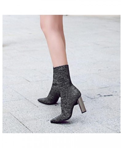 Woman Ankle Boot Arch Support Fashion Knitting Pointed Toe Comfort Anti Slip Block Heeled Work Combat Elastic Shoe Silver $31...