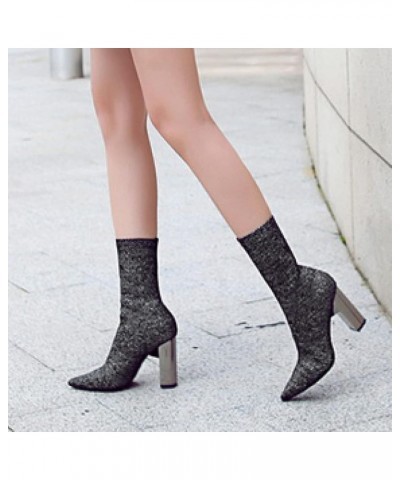 Woman Ankle Boot Arch Support Fashion Knitting Pointed Toe Comfort Anti Slip Block Heeled Work Combat Elastic Shoe Silver $31...