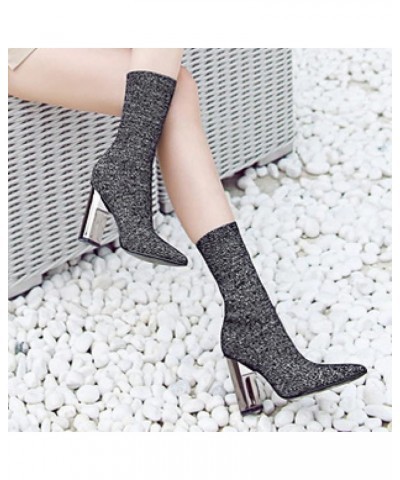 Woman Ankle Boot Arch Support Fashion Knitting Pointed Toe Comfort Anti Slip Block Heeled Work Combat Elastic Shoe Silver $31...