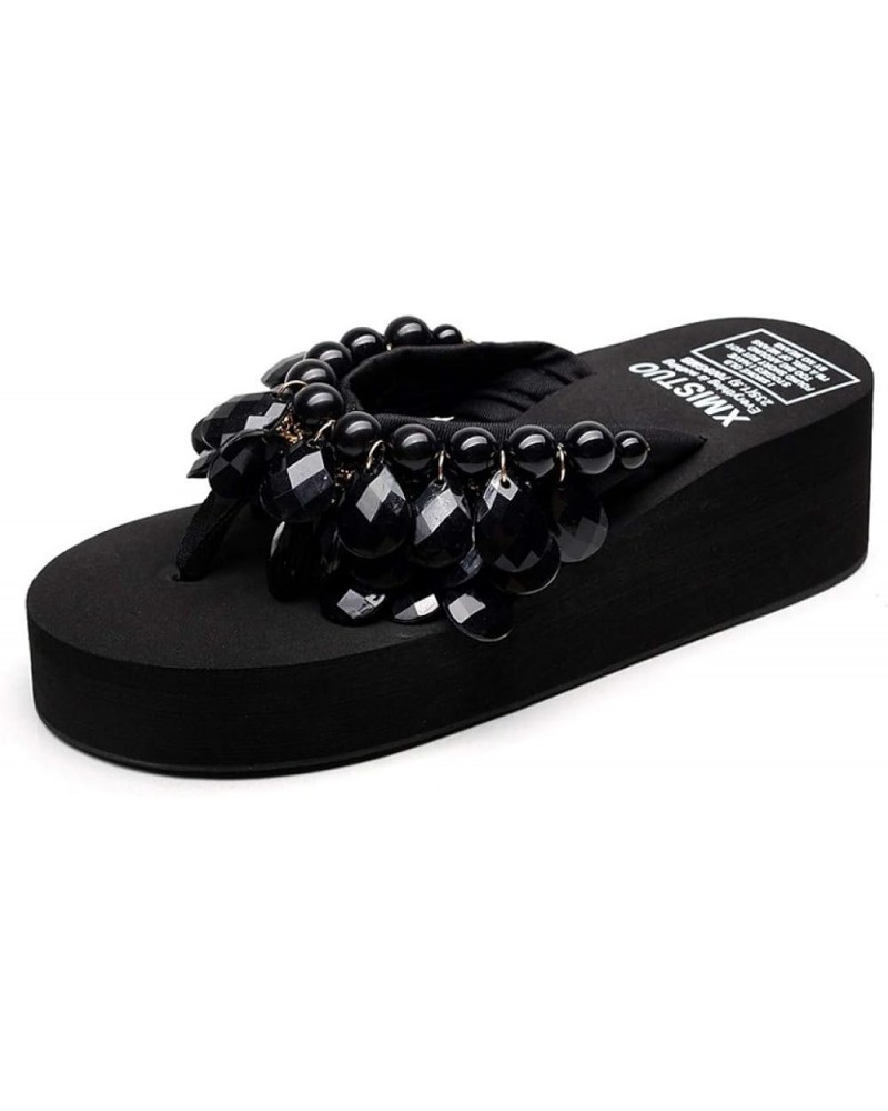 Women Beaded Flip Flops Platform Wedge Bohemia Anti-Skid Comfortable Ladies Beach Thongs Slipper Sandals Black $18.06 Sandals