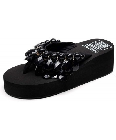 Women Beaded Flip Flops Platform Wedge Bohemia Anti-Skid Comfortable Ladies Beach Thongs Slipper Sandals Black $18.06 Sandals