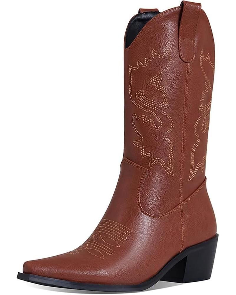 Cowboy Boots for Women Snip Toe Cowgirl Boots Wide Calf Embroidered Mid Calf Western Boots Brown $10.00 Boots