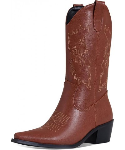 Cowboy Boots for Women Snip Toe Cowgirl Boots Wide Calf Embroidered Mid Calf Western Boots Brown $10.00 Boots