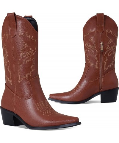 Cowboy Boots for Women Snip Toe Cowgirl Boots Wide Calf Embroidered Mid Calf Western Boots Brown $10.00 Boots