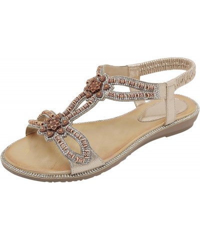 flat sandals for women comfy Gladiator diamond Bohemian Beaded Shoes Elastic Ankle Strap summer flats boho sandals Gold $10.8...