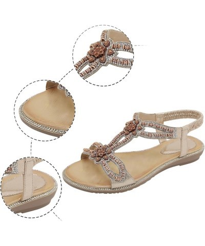 flat sandals for women comfy Gladiator diamond Bohemian Beaded Shoes Elastic Ankle Strap summer flats boho sandals Gold $10.8...