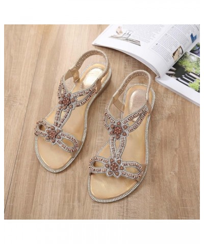 flat sandals for women comfy Gladiator diamond Bohemian Beaded Shoes Elastic Ankle Strap summer flats boho sandals Gold $10.8...