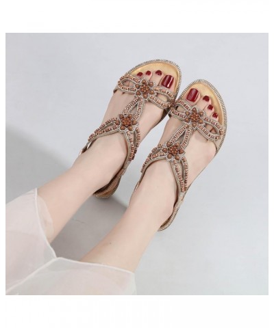 flat sandals for women comfy Gladiator diamond Bohemian Beaded Shoes Elastic Ankle Strap summer flats boho sandals Gold $10.8...