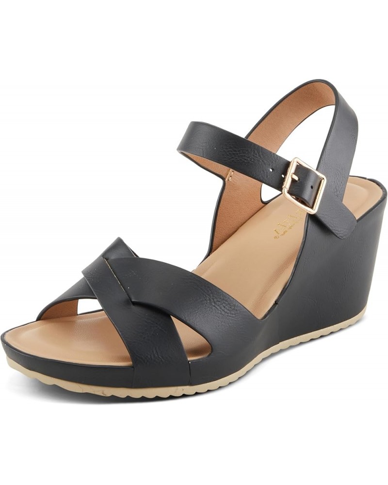 Women's LYRIC Cross-Strapped Wedge Sandals Black $39.72 Sandals