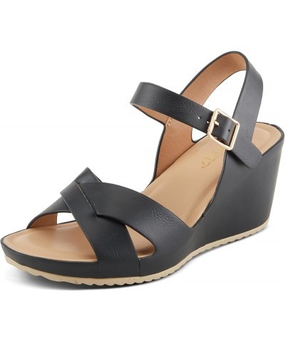 Women's LYRIC Cross-Strapped Wedge Sandals Black $39.72 Sandals