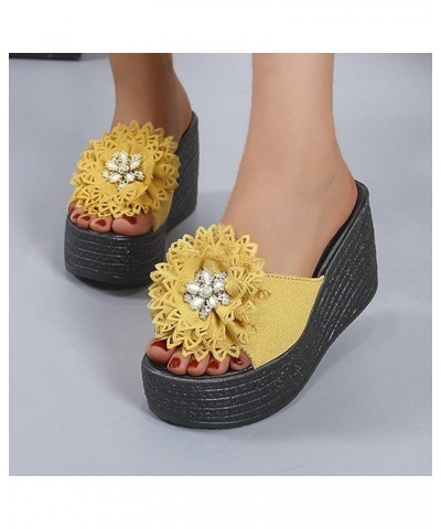 Platform Sandals for Women - T-Strap Chunky Mid Heel Sandal Platform Wedge Slipper for Women Yellow $18.46 Sandals