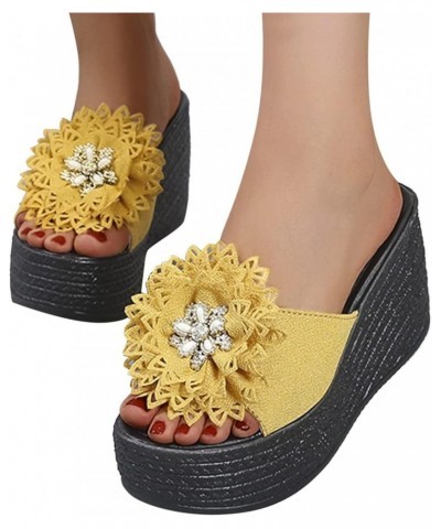 Platform Sandals for Women - T-Strap Chunky Mid Heel Sandal Platform Wedge Slipper for Women Yellow $18.46 Sandals