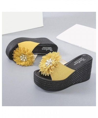 Platform Sandals for Women - T-Strap Chunky Mid Heel Sandal Platform Wedge Slipper for Women Yellow $18.46 Sandals