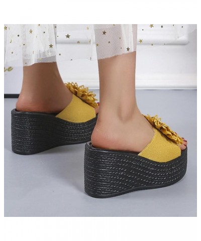 Platform Sandals for Women - T-Strap Chunky Mid Heel Sandal Platform Wedge Slipper for Women Yellow $18.46 Sandals