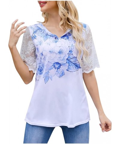 Women Lace Tops Shirt Trendy Sexy See Through Mesh Short Sleeve Shirt V Neck Casual Fitted Tunic Workout Shirts Light Blue $1...