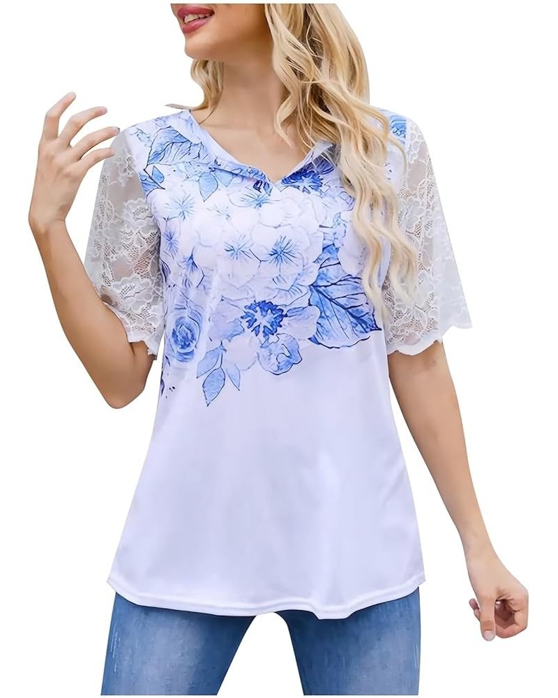 Women Lace Tops Shirt Trendy Sexy See Through Mesh Short Sleeve Shirt V Neck Casual Fitted Tunic Workout Shirts Light Blue $1...