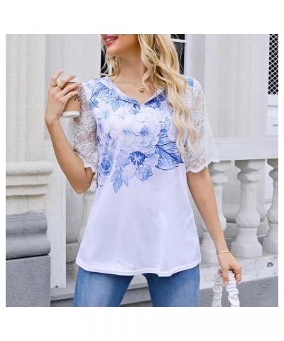 Women Lace Tops Shirt Trendy Sexy See Through Mesh Short Sleeve Shirt V Neck Casual Fitted Tunic Workout Shirts Light Blue $1...