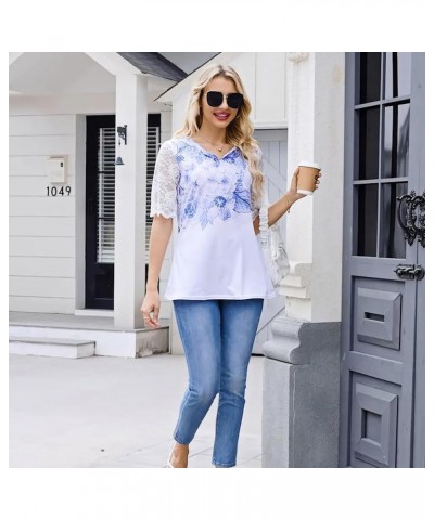 Women Lace Tops Shirt Trendy Sexy See Through Mesh Short Sleeve Shirt V Neck Casual Fitted Tunic Workout Shirts Light Blue $1...