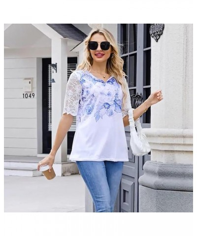 Women Lace Tops Shirt Trendy Sexy See Through Mesh Short Sleeve Shirt V Neck Casual Fitted Tunic Workout Shirts Light Blue $1...