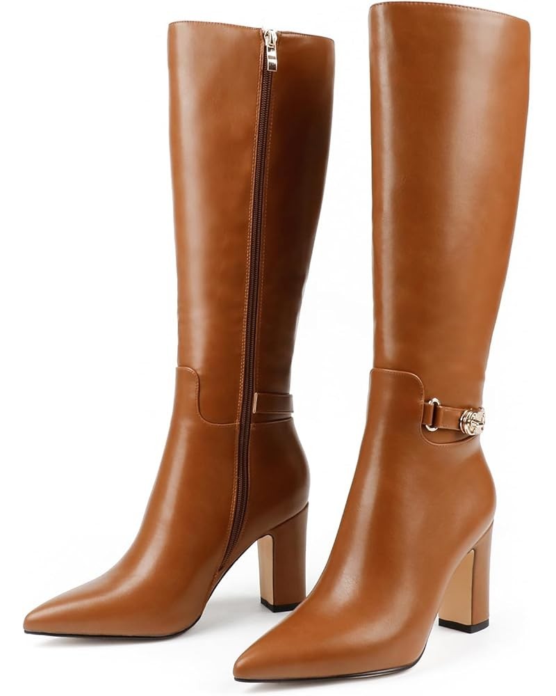 Women's High Block Heel Wrinkled Slouchy Zipper Knee High Boots Brown Matte (Buckle-style) $28.60 Boots