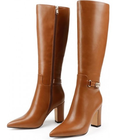 Women's High Block Heel Wrinkled Slouchy Zipper Knee High Boots Brown Matte (Buckle-style) $28.60 Boots