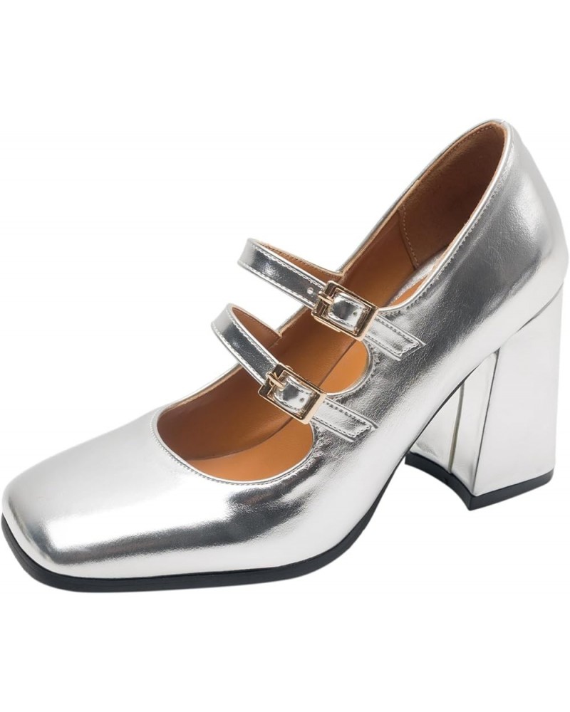 Women's Simple Solid Color Square Toe Block Heel Mary Jane Pumps with Double Buckle Silver $20.66 Pumps