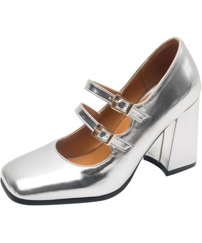 Women's Simple Solid Color Square Toe Block Heel Mary Jane Pumps with Double Buckle Silver $20.66 Pumps