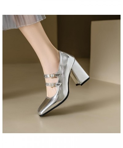 Women's Simple Solid Color Square Toe Block Heel Mary Jane Pumps with Double Buckle Silver $20.66 Pumps