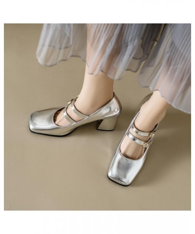 Women's Simple Solid Color Square Toe Block Heel Mary Jane Pumps with Double Buckle Silver $20.66 Pumps