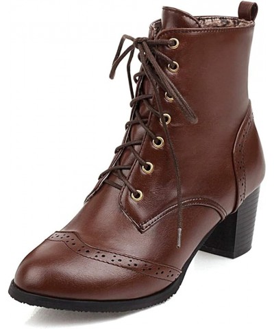 Women's Everyday Party Ankle Boots Round Toe PU Leather Chunky Mid Heel Lace-Up Short Booties Brown $37.58 Boots