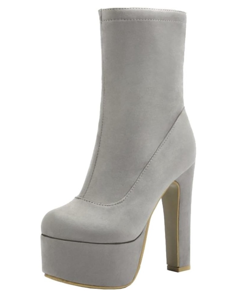 Women Trend All Match High Block Heel Platform Boots with Zip Grey $35.13 Boots