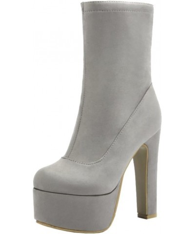 Women Trend All Match High Block Heel Platform Boots with Zip Grey $35.13 Boots