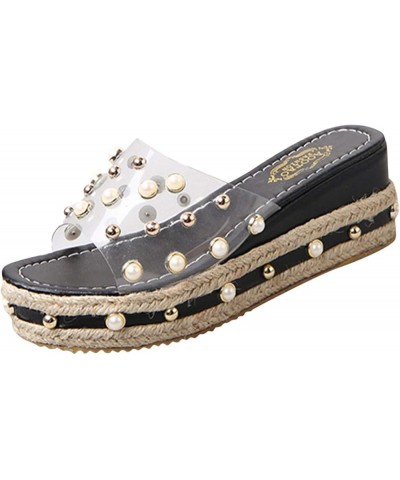 Wedge Trendy Woman Sandals Heels Platform Clear Strap Platform Wedge Pearl Slide Heels Sandals for Women Clear $17.39 Sandals