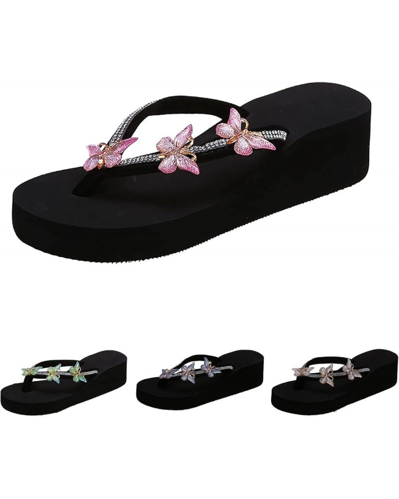 Rhinestone Crystal Butterfly Flip Flops for Women Wedge Heel Thick Bottom Slippers Clip Toe Memory Foam Waterproof Casual Bea...