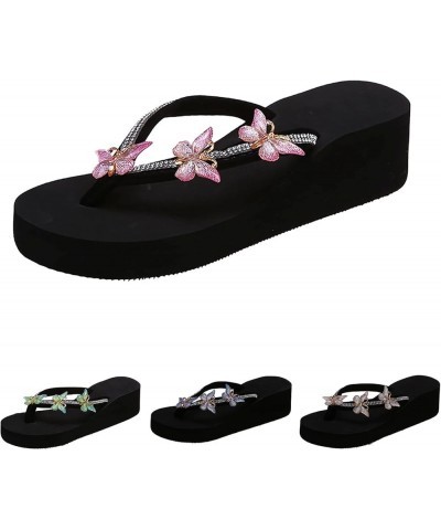 Rhinestone Crystal Butterfly Flip Flops for Women Wedge Heel Thick Bottom Slippers Clip Toe Memory Foam Waterproof Casual Bea...