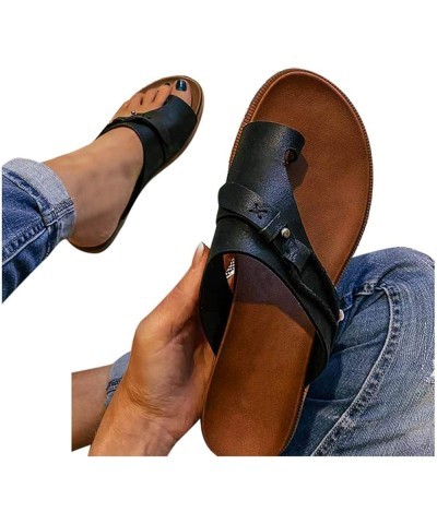 Fashion Ring Sandals Women's Outdoor Leather Casual Shoes Wedges Toe Slippers Women's Platform Sandals Women Chunky Heel Blac...