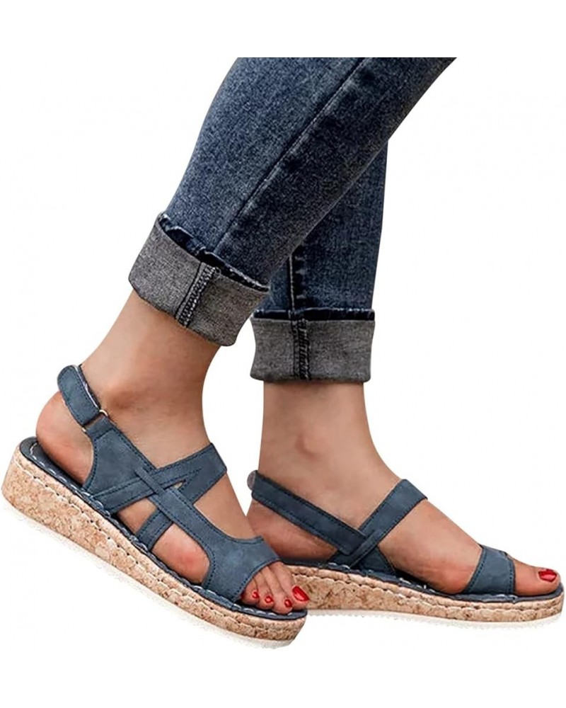 Orthopedic Sandals for Women, Women's Wedge Sandals Fish Mouth Hook and Loop Strap Sandals Leisure Sandals Blue $17.93 Sandals