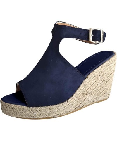 Summer Sandals for Women 2024, Platform Sandals Women Dressy Summer Espadrille Open Toe Wedge Sandals with Buckle Dark Blue $...