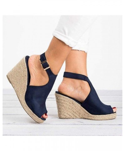 Summer Sandals for Women 2024, Platform Sandals Women Dressy Summer Espadrille Open Toe Wedge Sandals with Buckle Dark Blue $...