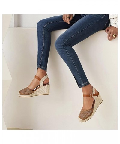 Women's Classic Ankle Strap Wedge Heel Sandals Round Head Party Women's Espadilles Wedge Light Tan $40.92 Sandals