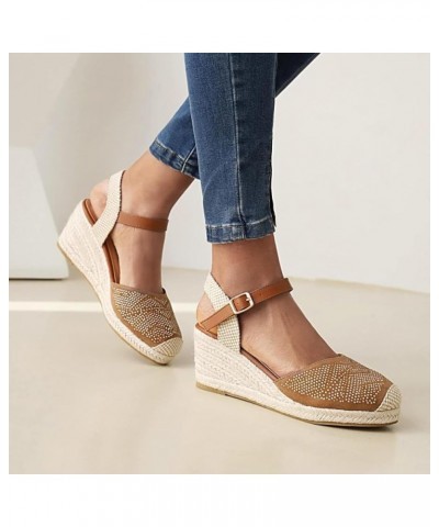 Women's Classic Ankle Strap Wedge Heel Sandals Round Head Party Women's Espadilles Wedge Light Tan $40.92 Sandals