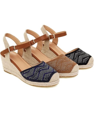 Women's Classic Ankle Strap Wedge Heel Sandals Round Head Party Women's Espadilles Wedge Light Tan $40.92 Sandals