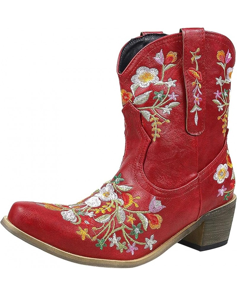 Boots Boots Retro Cowboy Boots For Women Shoes Embroidered Women's boots Heeled Boots for Women Booties Red $20.00 Boots