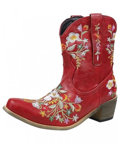 Boots Boots Retro Cowboy Boots For Women Shoes Embroidered Women's boots Heeled Boots for Women Booties Red $20.00 Boots