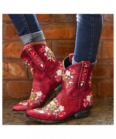 Boots Boots Retro Cowboy Boots For Women Shoes Embroidered Women's boots Heeled Boots for Women Booties Red $20.00 Boots