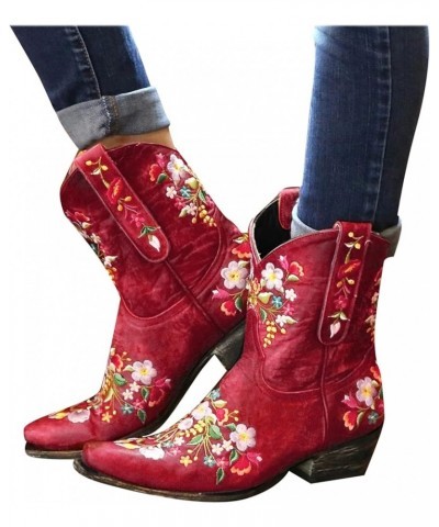 Boots Boots Retro Cowboy Boots For Women Shoes Embroidered Women's boots Heeled Boots for Women Booties Red $20.00 Boots