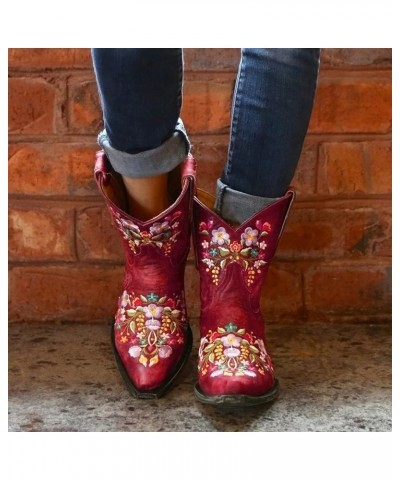 Boots Boots Retro Cowboy Boots For Women Shoes Embroidered Women's boots Heeled Boots for Women Booties Red $20.00 Boots