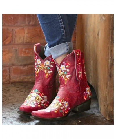 Boots Boots Retro Cowboy Boots For Women Shoes Embroidered Women's boots Heeled Boots for Women Booties Red $20.00 Boots