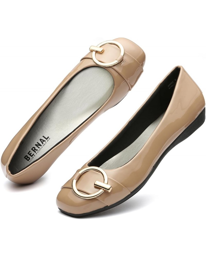 Women's Comfortable Flat Shoes - Round Toe Classic Cute Bow Metal Buckle Slip on Ballet Flats Apricot Patent/Square $13.25 Flats